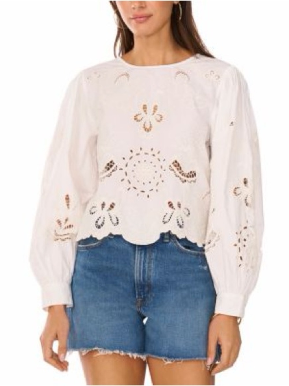 Vince Camuto White Embroidered Scallop Hem Long Sleeve Blouse Size XL